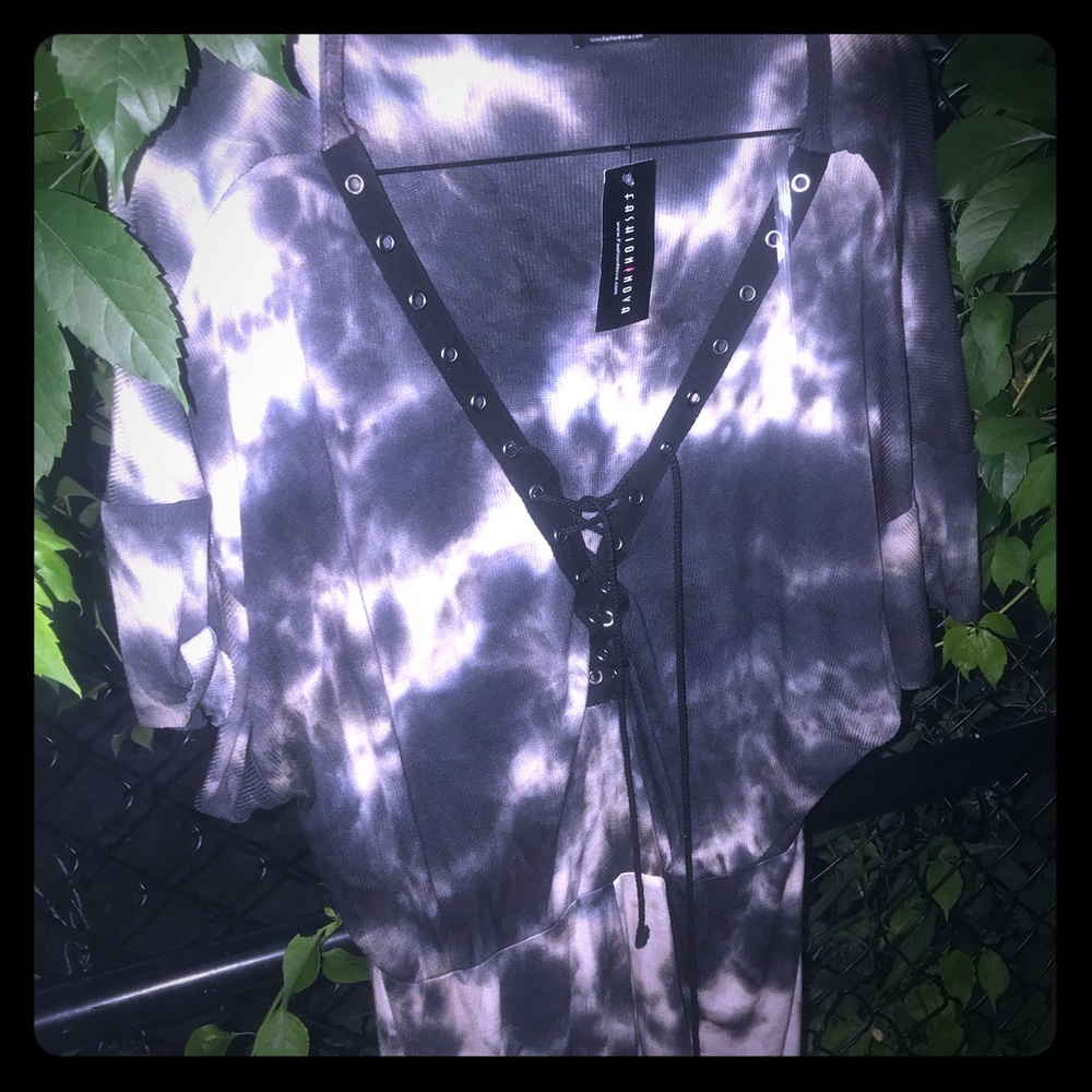 Tie dye black and white lace up stretchy jumpsuit
